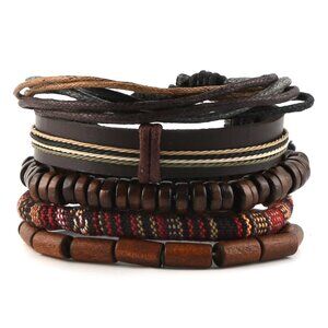 Wrap Bracelet Leather Hemp Wood Beads Adjustable Unisex Boho Tribal Style